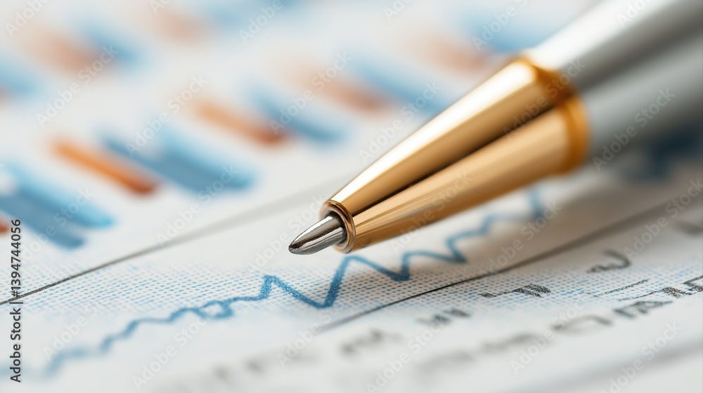 Poster close-up of a ballpoint pen on a business financial report with graphs and data analysis