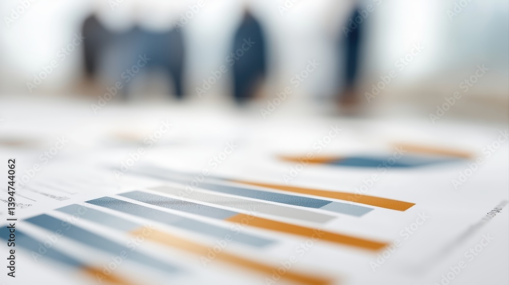 Poster business report with graphs and charts showing financial data overlaid with blurred figures in backg