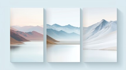 Serene Triptych of Majestic Mountains and Calm Waters in Soft Pastel Tones for Tranquil Decoration