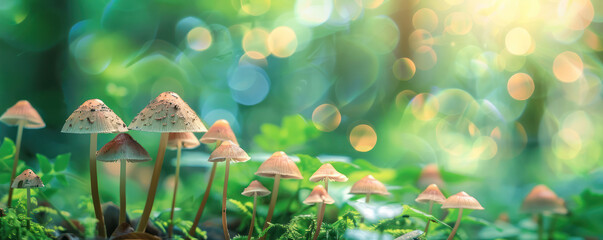 A group of magic mushrooms growing in the forest, with a blurred background and empty space bokeh sunlight ecosystem.