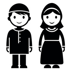 Simple black and white cartoon illustrations of Muslim children, boys and girls, dressed in traditional clothing.