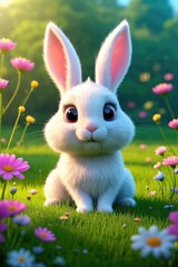 Fototapeta premium a white rabbit sitting in a field of flowers with a forest in the background