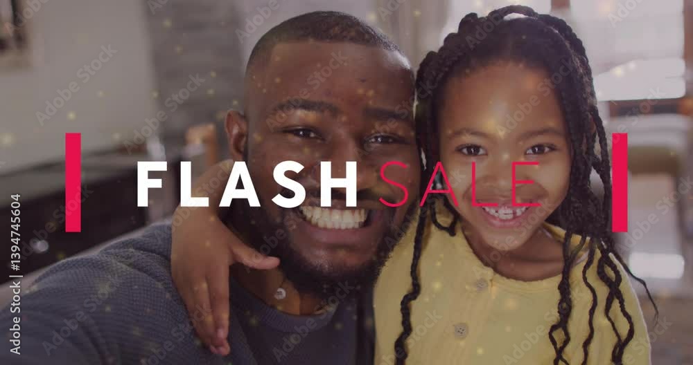 Poster father and child smiling with flash sale text overlay, creating animation effect