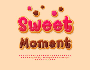 Vector Delicious sign Sweet Moment with Cake style Font. Funny Tasty Alphabet Letters and Numbers set