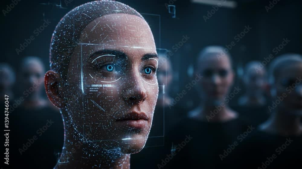 Poster face scanned by facial recognition systems in high-tech environment. concept of artificial intellige