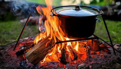 Fire wood in cooking, Campfire cooking scene with firewood fueling a pot over an open flame