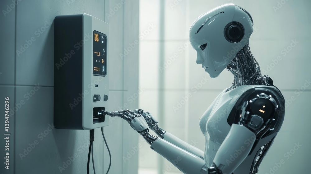 Poster robot interacting with wall panel - a futuristic robot interacts with a wall-mounted panel, showcasi