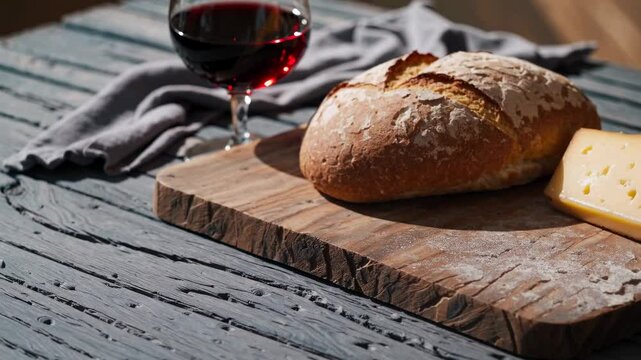 Rustic artisan bread with cheese and wine on wooden cutting board