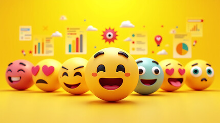 Obraz premium A conceptual illustration of a magnifying glass hovering over a happy emoji among a horizontal line of feedback faces,