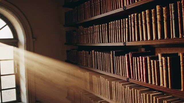 Sunlight illuminates dusty bookshelves in an old library filled with vintage volumes