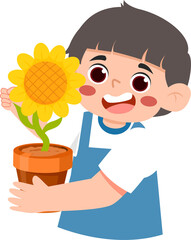 Joyful Boy Tenderly Holding Potted Sunflower
