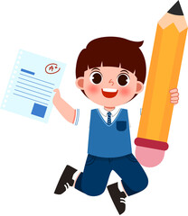Joyful Student Leaping with Excellent Grade and Giant Pencil