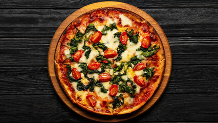 pizza mozzarella top view on wooden table with copy space