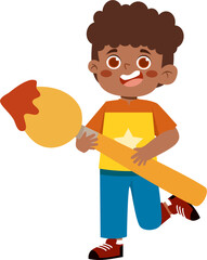 Joyful Boy with Oversized Paintbrush, Cartoon Illustration