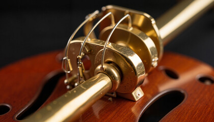 Fototapeta premium Close-up of Trumpet Bell Reflecting Violin for Music Blogs, Artistic Projects, Instrumental Education, and Creative Presentations