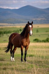 Obraz premium there is a brown horse standing in a field with mountains in the background