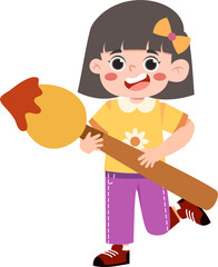 Joyful Girl with Oversized Paintbrush, Cartoon Illustration