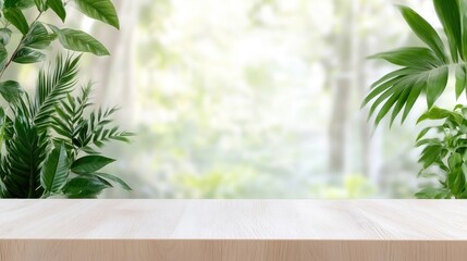 Empty wooden table top with lush foliage background