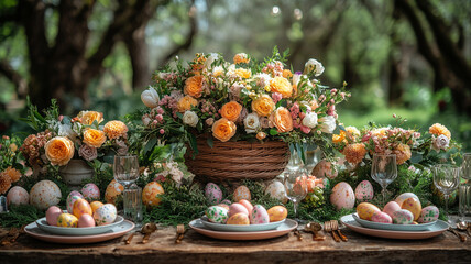 Outdoor Easter table with floral arrangements and painted eggs. Plates, glasses, and cutlery are neatly set for a festive garden gathering.