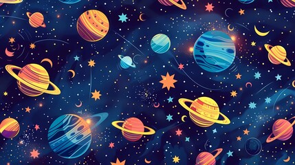 A beautiful cartoon space pattern,  photography style, suitable for children's play area polyester mail, Generative AI illustrations.