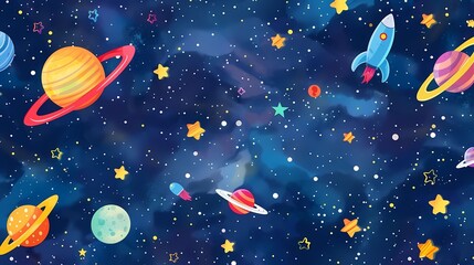 A beautiful cartoon space pattern,  photography style, suitable for children's play area polyester mail, Generative AI illustrations.