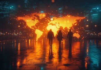 Global Network Connection and People Interacting on World Map with Smiling Man Using Smartphone