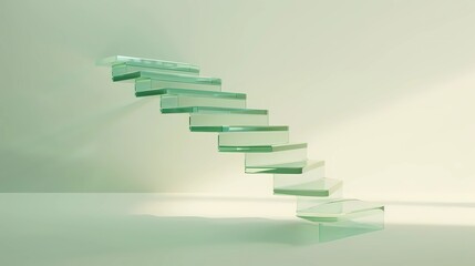 Obraz premium A light green glass staircase with steps made of clear, translucent material is flying in the air against a light background, Generative AI illustrations.
