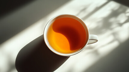 A warm cup of tea surrounded by soft shadows