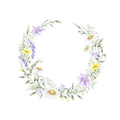 Wildflowers chamomile, bellflower, buttercup, mouse pea and meadow grasses round wreath. Hand drawn isolated watercolor illustration of yellow, lilac flowers with copy space for invitations, postcard.