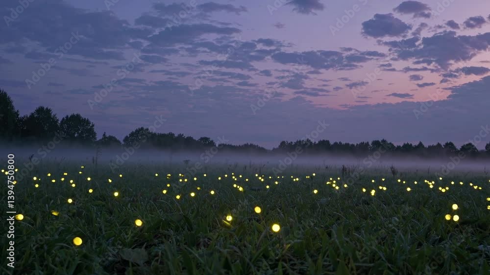 Poster glowing fireflies illuminate a serene field at dusk in a quiet rural setting
