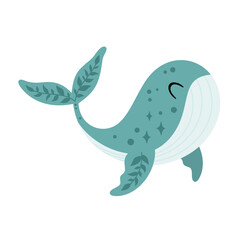 Cute whale clipart, isolated cartoon sea character. Ocean animal hand drawn vector illustration in flat style	

