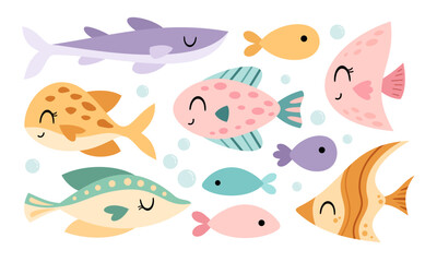 Set with cute fish, isolated cartoon sea character. Ocean animal clipart. Nautical hand drawn vector illustration in flat style