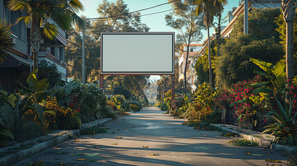 A blank city billboard stand in a corporate business district, showcasing cool lighting and a corporate setting.