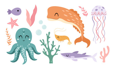 Ocean animals with whale, jellyfish, octopus, fish,  seaweeds. Sea clipart in cartoon flat style. Hand drawn vector illustration