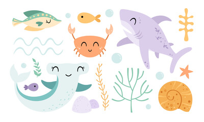 Ocean animals with shark, hammerhead shark, fish, crab, shell, seaweeds. Sea clipart in cartoon flat style. Hand drawn vector illustration