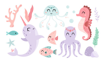 Ocean animals with narwhal, octopus, sea ​horse, jellyfish, fish, seaweeds. Sea clipart in cartoon flat style. Hand drawn vector illustration