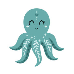 Cute octopus clipart, isolated cartoon sea character. Ocean animal hand drawn vector illustration in flat style