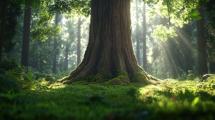 Fototapeta premium Majestic Tree in a Sunlit Forest: A huge, ancient tree stands tall in a vibrant forest, its massive trunk and textured bark providing a sense of strength.