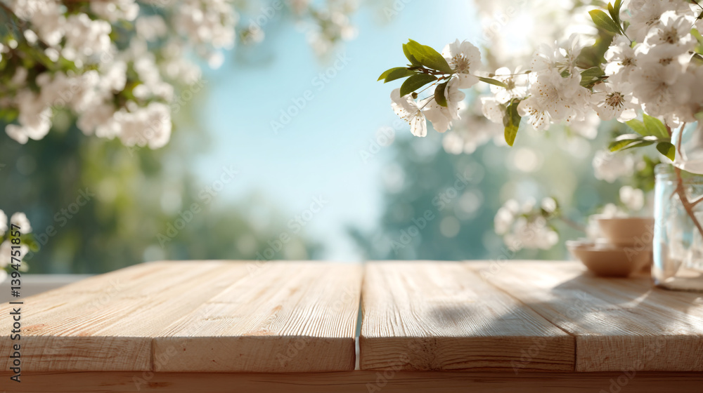 Poster spring blossom background wooden table for product display mockup and presentation template scene 10