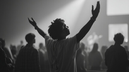 Black and white worship concert photography with crowd and man raising hands in praise and adoration