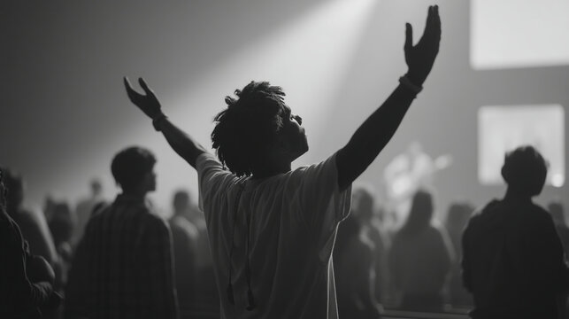 Black and white worship concert photography with crowd and man raising hands in praise and adoration