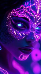 A woman adorned with stunning neon fantasy makeup. Intricate designs glow vibrantly against their skin, creating a mesmerizing effect