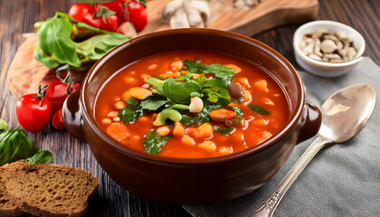 Heart nourishing food, Fresh homemade vegetable soup with leafy greens, tomatoes, and beans for heart nourishing