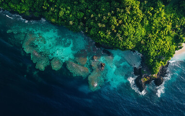 Beautiful blue ocean with a green forest in the background