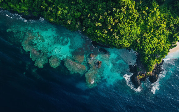 Beautiful blue ocean with a green forest in the background