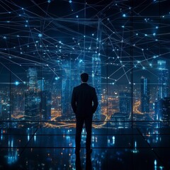 Obraz premium Businessman Contemplating Futuristic City Nightscape with Glowing Data Network
