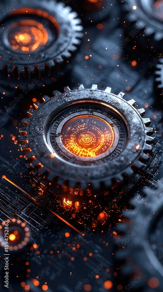Aufkleber gears and glowing particles create a tech-inspired, intricate abstract design