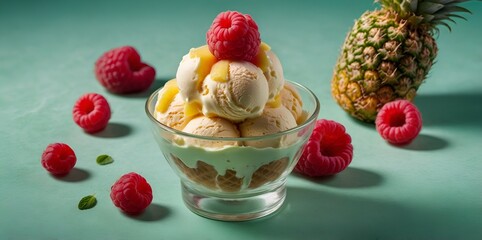 Vanilla ice cream with pineapple sauce and raspberries