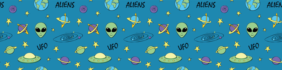 Baby seamless pattern. Different cartoon planets and stars in space. Vector Cosmic background and texture. For kids design, fabric, wrapping paper, textile, apparel