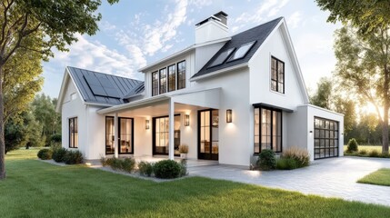 Modern Minimalist Architecture, Modern white house with lush green garden and blue sky